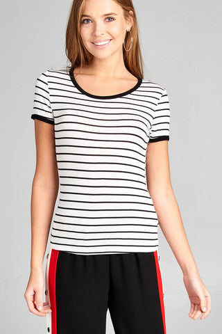Ladies fashion short sleeve round neck yarn dye stripe rayon spandex jersey top