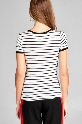 Ladies fashion short sleeve round neck yarn dye stripe rayon spandex jersey top