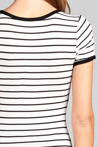 Ladies fashion short sleeve round neck yarn dye stripe rayon spandex jersey top