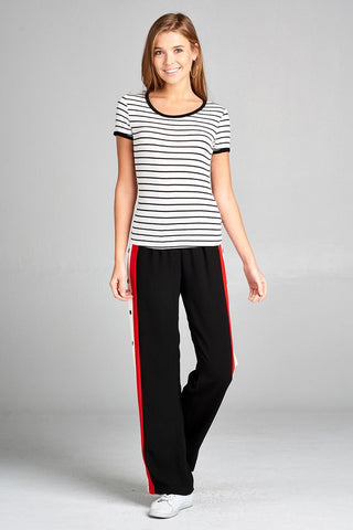 Ladies fashion short sleeve round neck yarn dye stripe rayon spandex jersey top