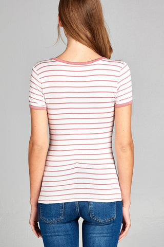 Ladies fashion short sleeve round neck yarn dye stripe rayon spandex jersey top