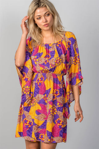 Ladies fashion multi floral bell sleeve dress - merchandiserus2