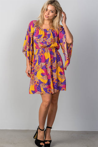 Ladies fashion multi floral bell sleeve dress - merchandiserus2