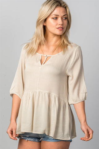 Ladies fashion 3/4 sleeve w/oring at front babydoll top