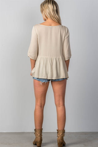 Ladies fashion 3/4 sleeve w/oring at front babydoll top