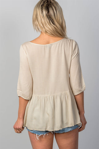 Ladies fashion 3/4 sleeve w/oring at front babydoll top