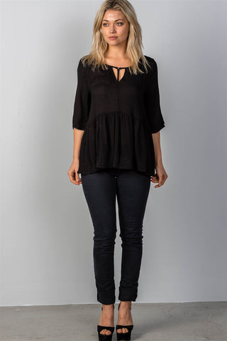 Ladies fashion 3/4 sleeve w/oring at front babydoll top