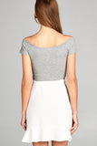 Ladies fashion short sleeve off the shoulder front shirring detail rayon spandex rib crop top
