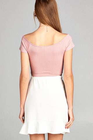 Ladies fashion short sleeve off the shoulder front shirring detail rayon spandex rib crop top
