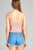 Ladies fashion v-neck shirring w/string cami stripe rayon spandex rib top