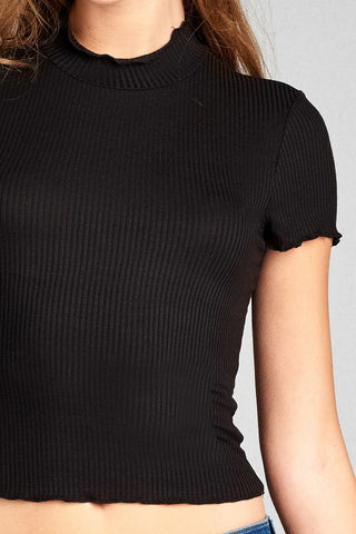 Ladies fashion short sleeve mock neck ruffle hem rayon spandex rib top