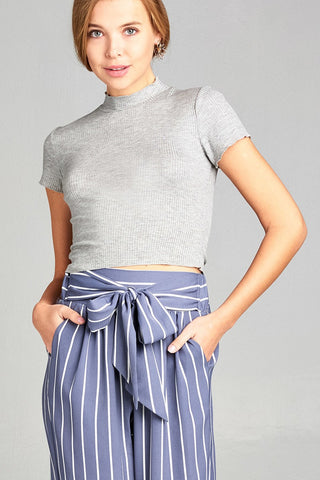 Ladies fashion short sleeve mock neck ruffle hem rayon spandex rib top