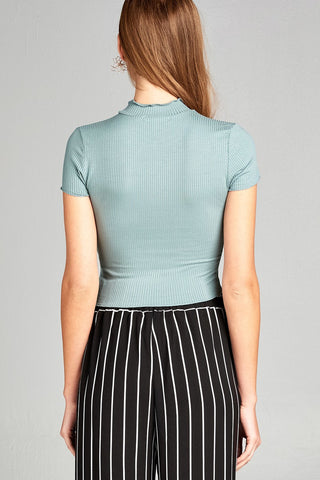 Ladies fashion short sleeve mock neck ruffle hem rayon spandex rib top