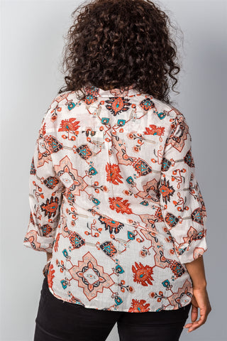 Ladies fashion plus size multi mix printed roll-sleeve plus size top