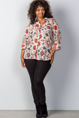 Ladies fashion plus size multi mix printed roll-sleeve plus size top