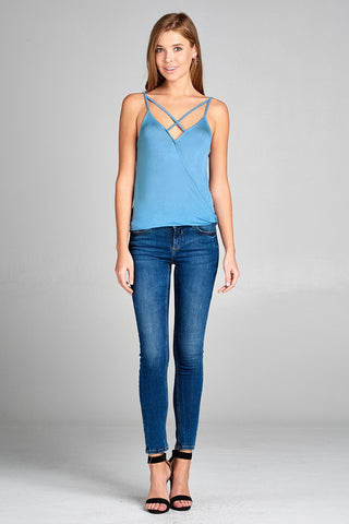 Ladies fashion v-neckline wrap w/cross strap cami rayon spandex top