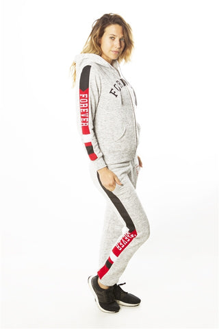 Ladies fashion 2 pc fleece sets w/ 2 front pockets, fur line hood & applique