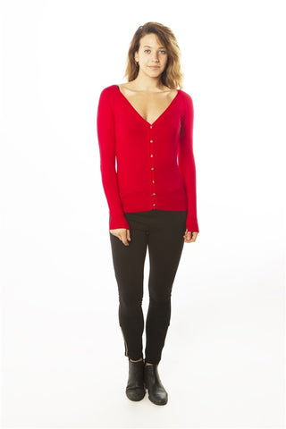 Ladies fashion v-neck button down cardigan w/ elbow patch