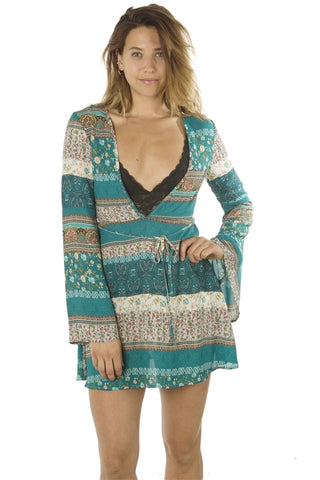 Ladies fashion deep v neck casual floral print mini dress, zip up, flare sleeve - merchandiserus2