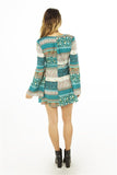 Ladies fashion deep v neck casual floral print mini dress, zip up, flare sleeve - merchandiserus2