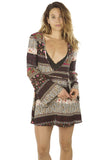 Ladies fashion deep v neck casual floral print mini dress, zip up, flare sleeve - merchandiserus2