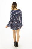Ladies fashion  deep v neck casual floral print mini dress, zip up, flare sleeve - merchandiserus2