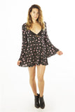 Ladies fashion  deep v neck casual floral print mini dress, zip up, flare sleeve - merchandiserus2