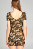 Ladies fashion short sleeve v-neck w/cross strap bodycon camo print cotton spandex romper