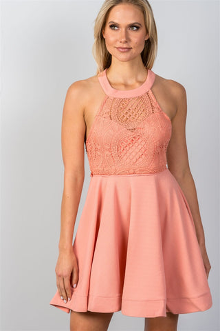 Ladies fashion blush high neck open back mini dress - merchandiserus2