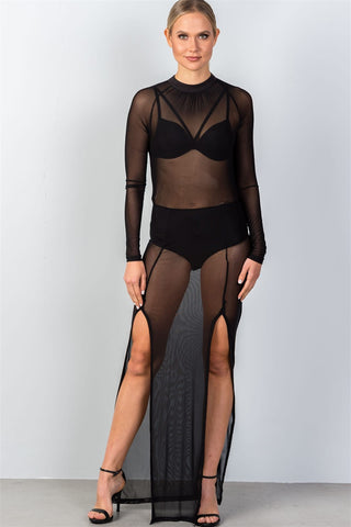 Ladies fashion mock neck all mesh double slit maxi dress - merchandiserus2
