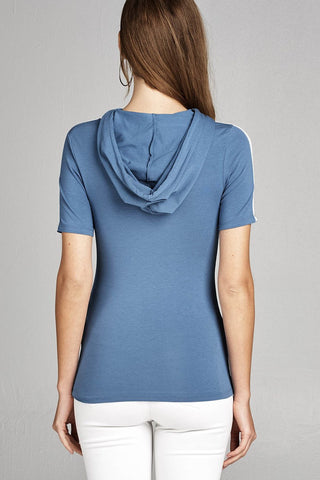 Ladies fashion short sleeve w/wide stripe drawstring hoodie cotton rayon spandex top
