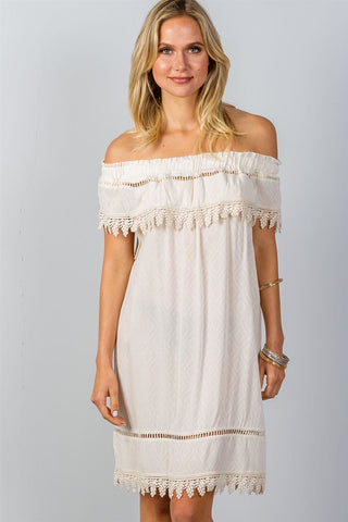 Ladies fashion boho ivory elastic off shoulder crochet trim mini dress - merchandiserus2
