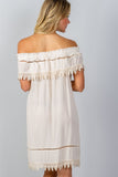 Ladies fashion boho ivory elastic off shoulder crochet trim mini dress - merchandiserus2