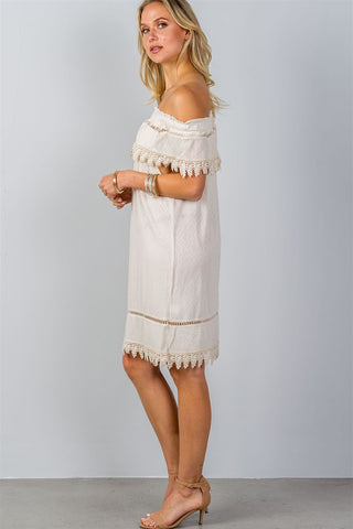 Ladies fashion boho ivory elastic off shoulder crochet trim mini dress - merchandiserus2