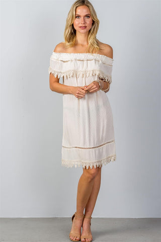 Ladies fashion boho ivory elastic off shoulder crochet trim mini dress - merchandiserus2