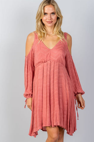 Ladies fashion cold shoulder shift mini dress with tie sleeves - merchandiserus2