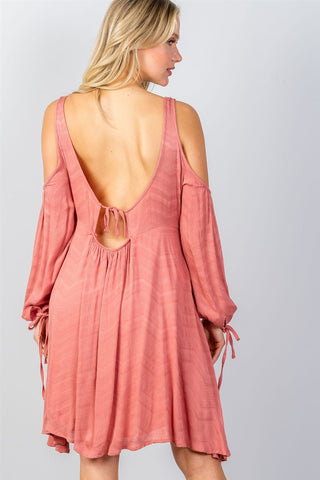 Ladies fashion cold shoulder shift mini dress with tie sleeves - merchandiserus2