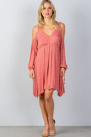 Ladies fashion cold shoulder shift mini dress with tie sleeves - merchandiserus2