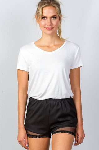 Ladies fashion crochet hem w/ mesh detail mini shorts