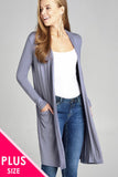 Ladies fashion plus size long sleeve open front w/pocket long length rayon spandex cardigan