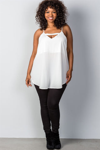 Ladies fashion plus size white sheer front cut-out plus size top