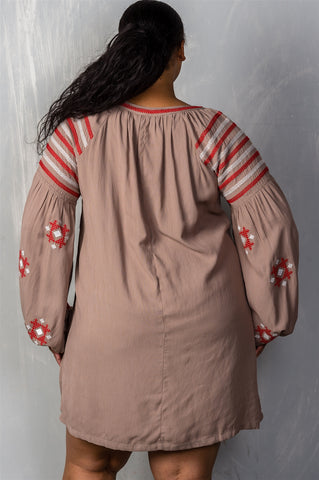 Ladies fashion plus size mocha tribal embroidered long sleeve blouse w/ tassel at collar