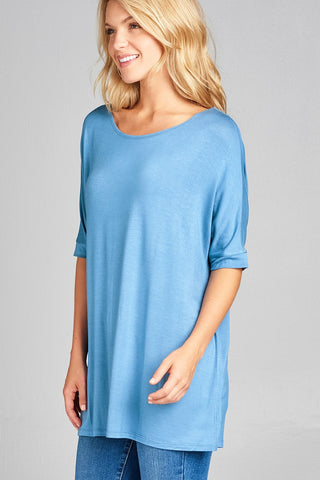 Ladies fashion elbow sleeve round neck rayon spandex jersey tunic top