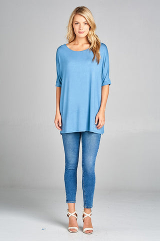 Ladies fashion elbow sleeve round neck rayon spandex jersey tunic top