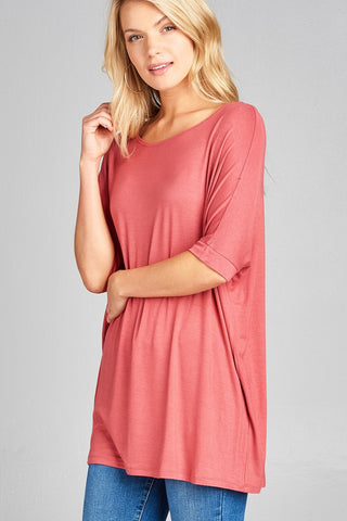 Ladies fashion elbow sleeve round neck rayon spandex jersey tunic top