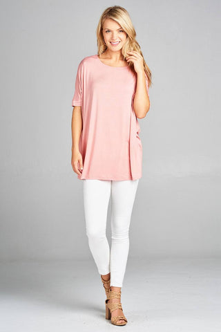 Ladies fashion elbow sleeve round neck rayon spandex jersey tunic top