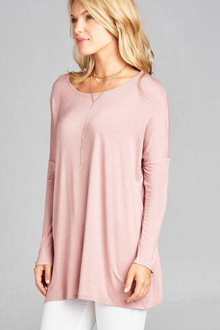 Ladies fashion long sleeve round neck rayon spandex jersey tunic top