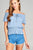 Ladies fashion short sleeve open shoulder smocked detail w/eyelet woven top
