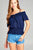 Ladies fashion short sleeve open shoulder smocked detail w/eyelet woven top