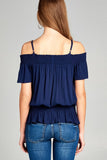 Ladies fashion short sleeve open shoulder smocked detail w/eyelet woven top